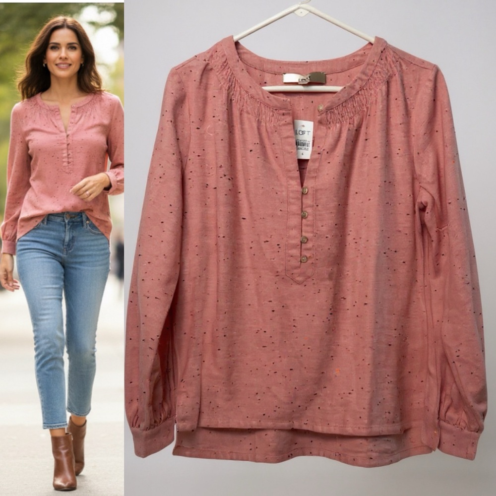 LOFT Flecked Henley Blouse | Pink Multi-Color | Size Small | NWT